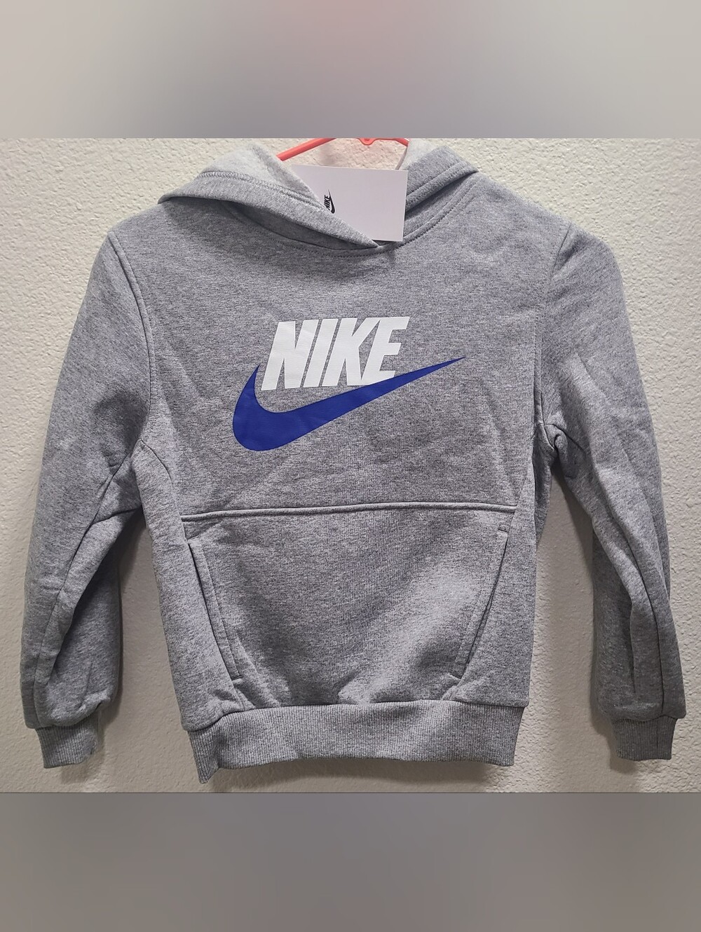 Nike Kids Gray Hoodie with White Logo and Blue Swoosh